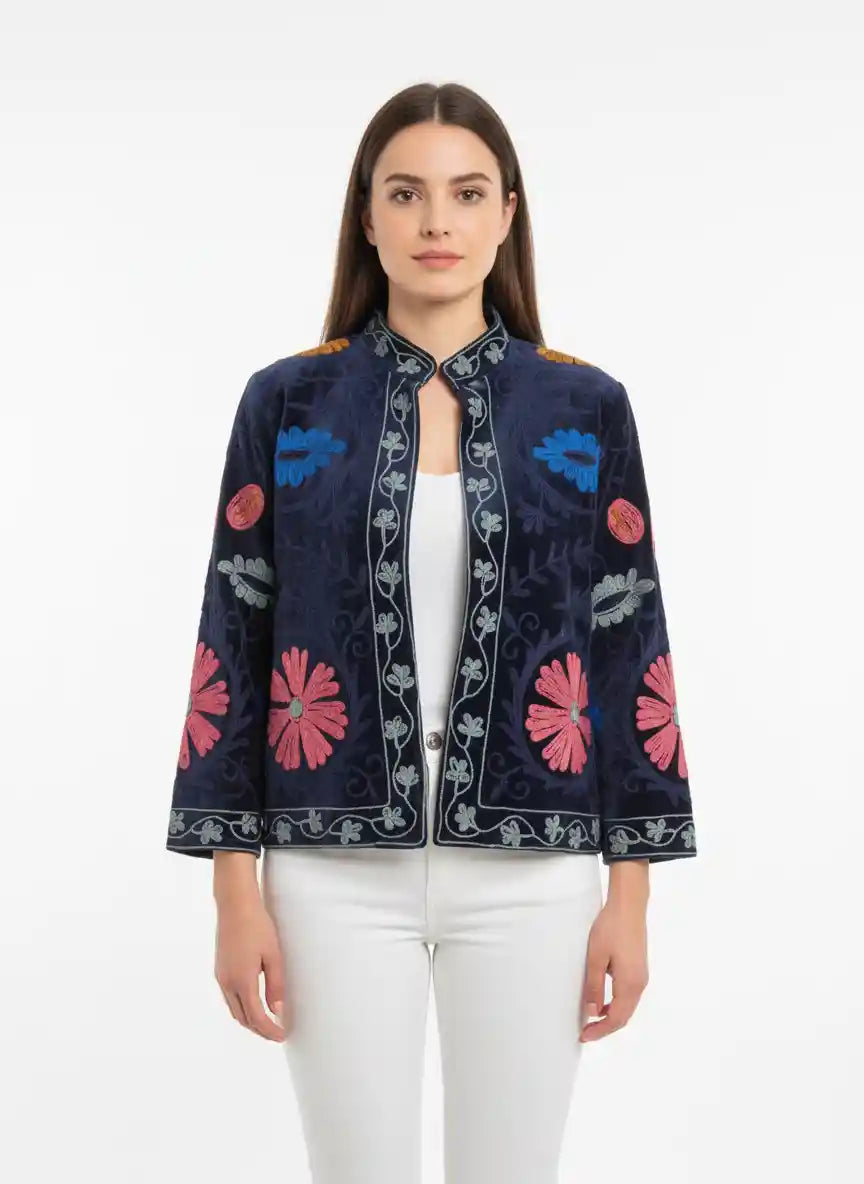 Giacca suzani velluto con ricami floreali, capo artigianale