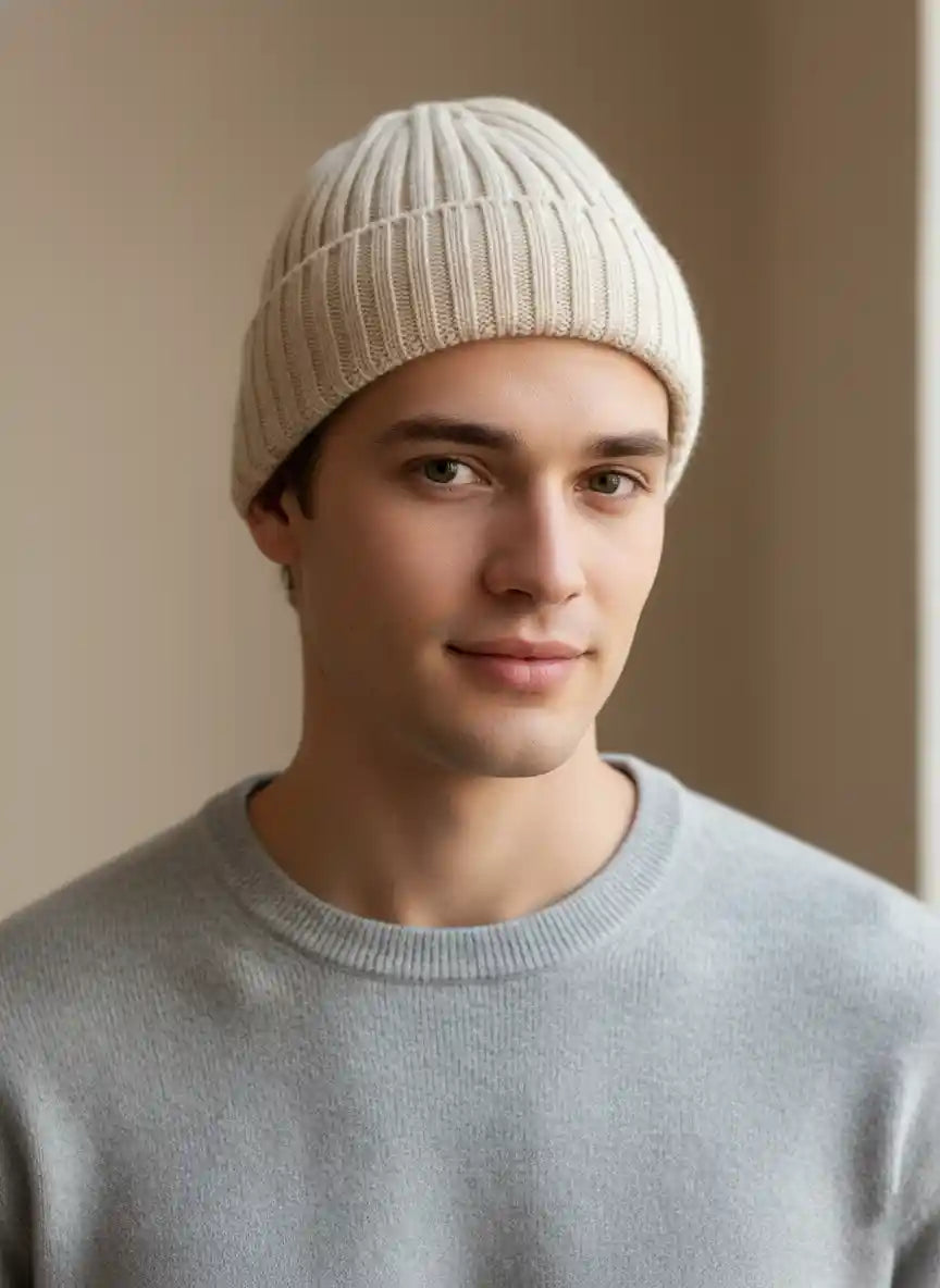Cappello in cashmere rigenerato panna - Beanie uomo