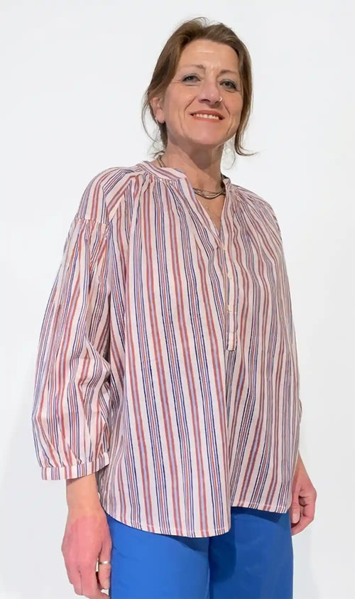 Blusa donna cotone leggero righe bianco rosso mattone blu cobalto