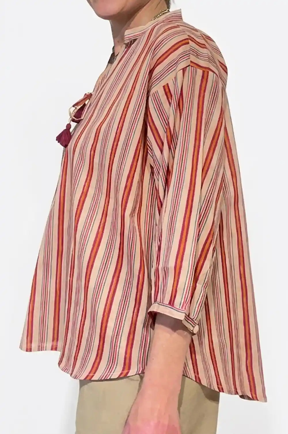 Blusa cotone righe nappine