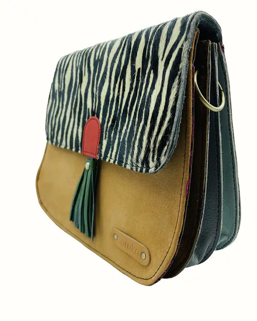 Borsa zebrata Senape in pelle scamosciata con tracolla