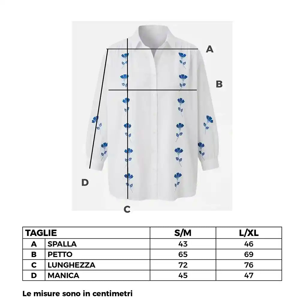Camicia cotone bianca ricami floreali blu