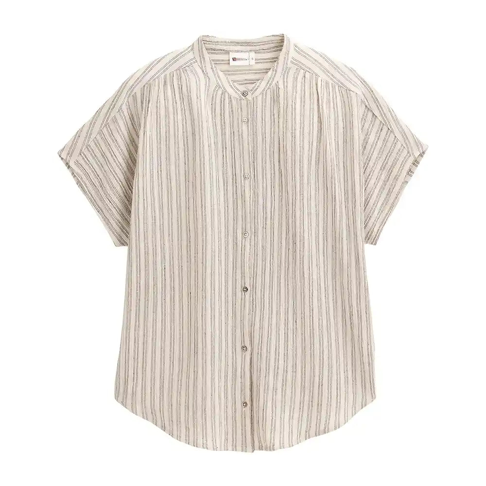 Camicia cotone bio maniche corte righe beige scollo coreano abbottonatura