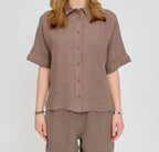 Camicia donna lino naturale maniche corte nocciola