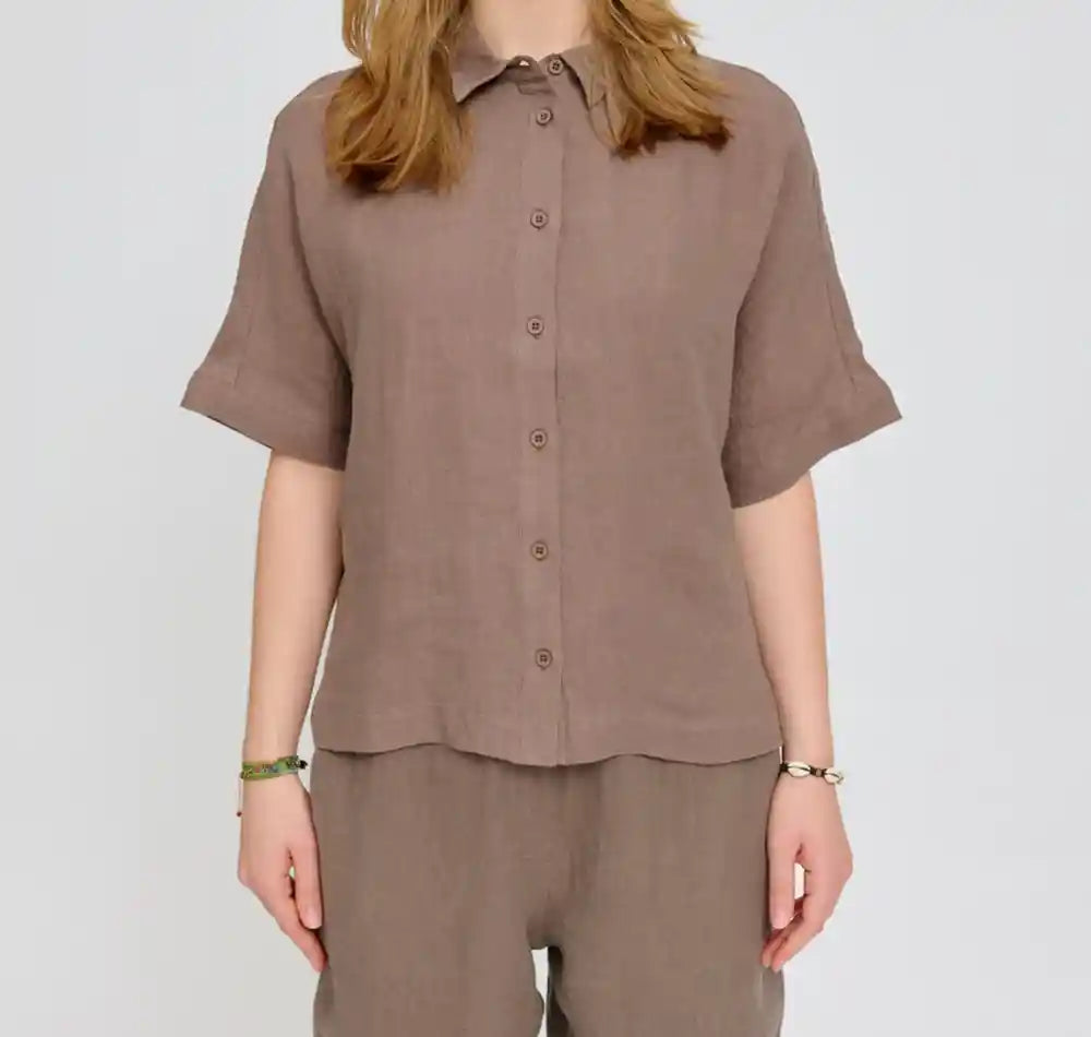 Camicia donna lino naturale maniche corte nocciola