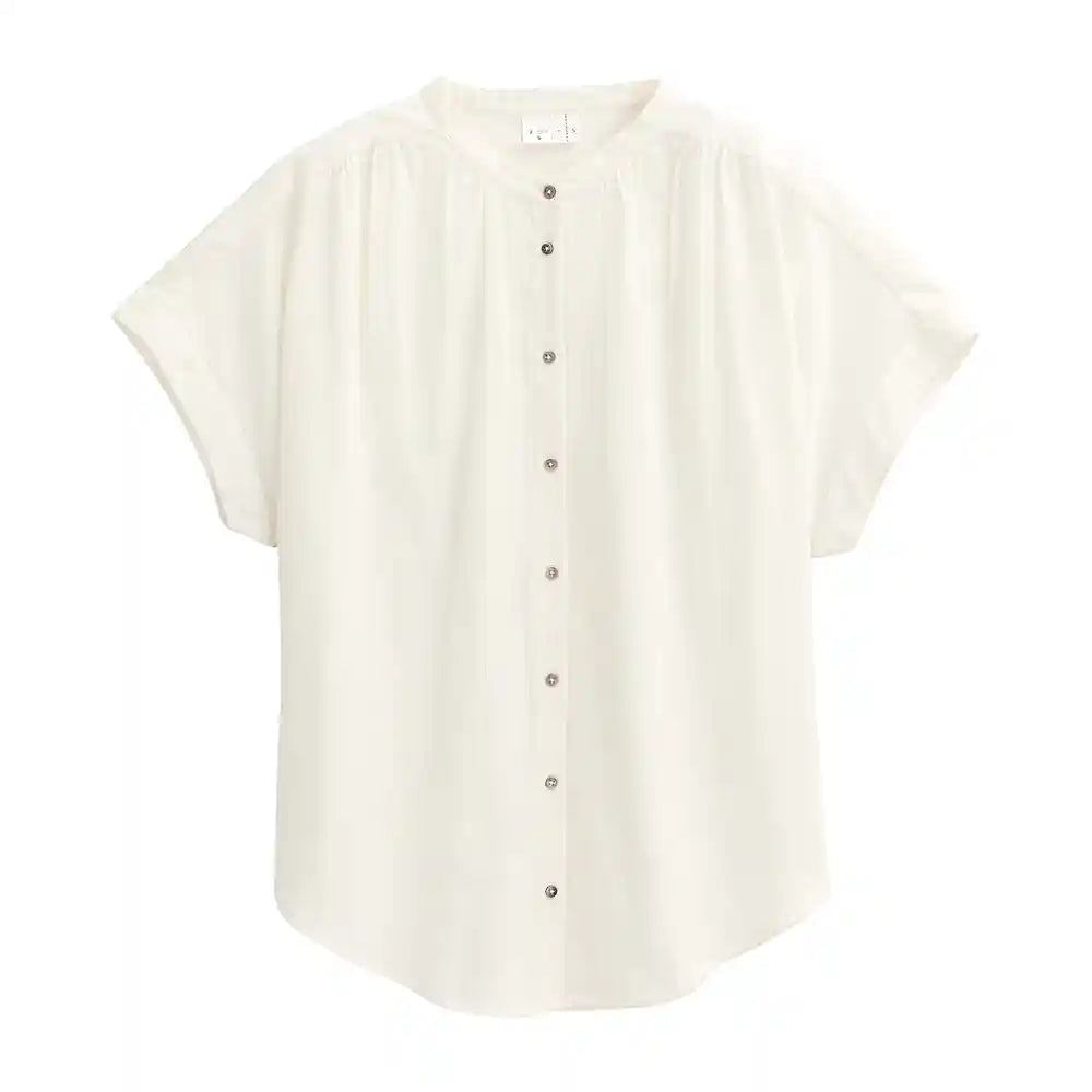 Camicia scollo coreano cotone bio bianca manica scesa abbottonatura frontale