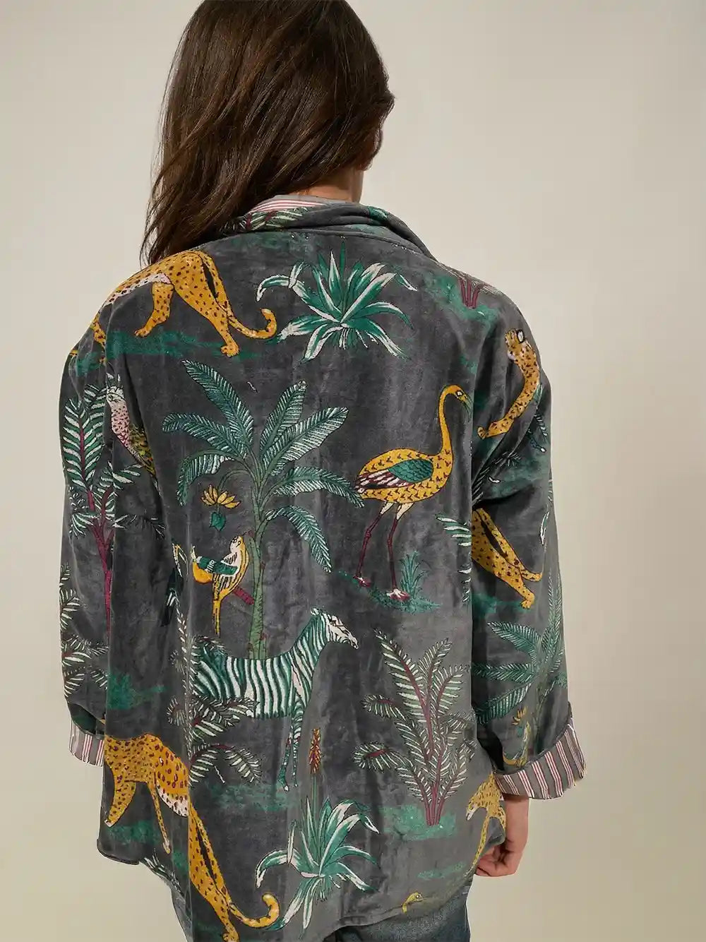 revers a righe giacca velluto stampa esotica donna