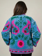 retro giacca ricamata velluto celeste motivi suzani floreali