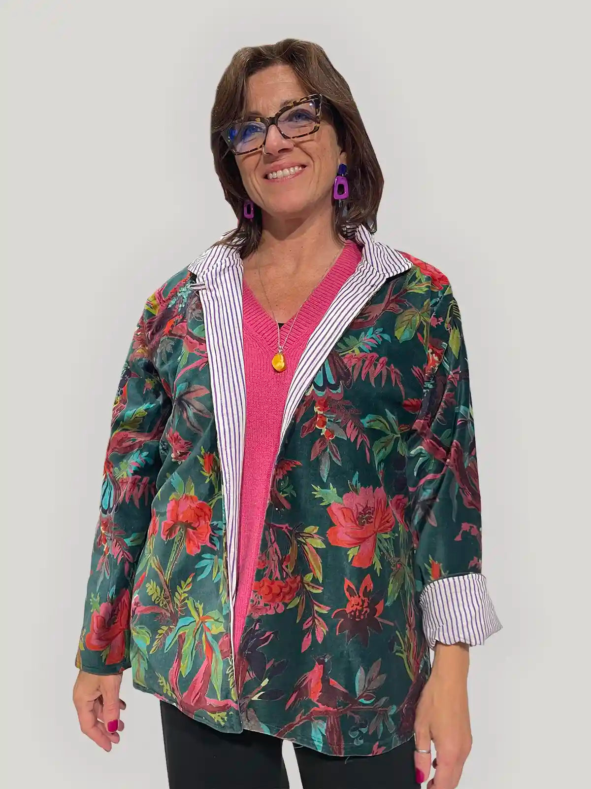 Giacca donna in velluto stampato verde scuro con fiori rosa e corallo