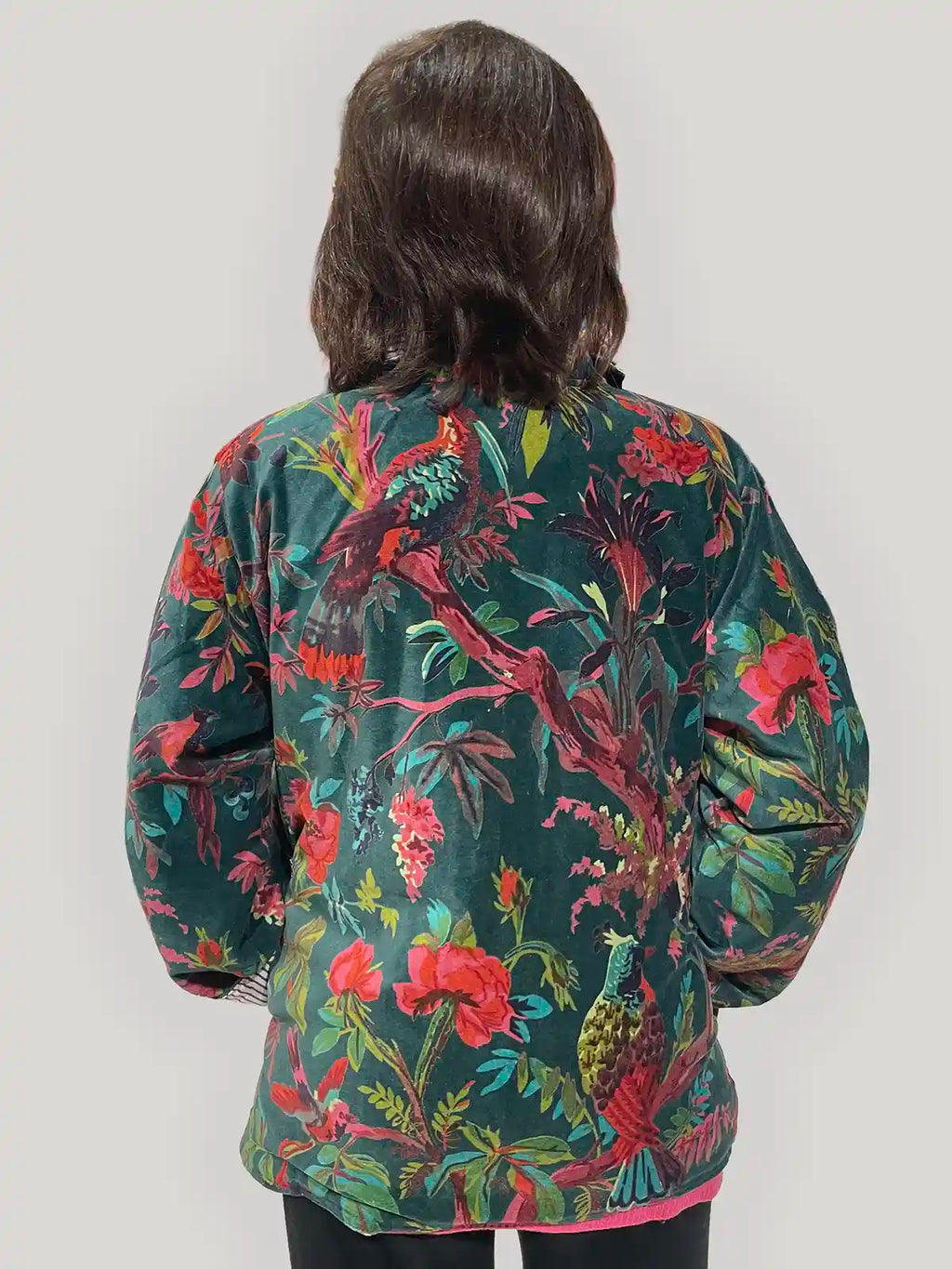 Giacca Donna in Velluto Stampato Verde Scuro a Fantasia Tropicale