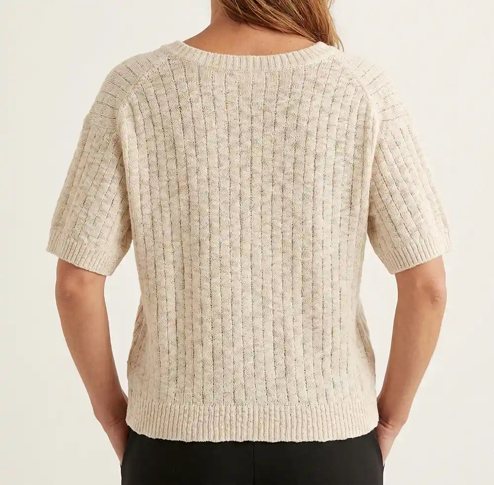 Maglia cotone bio mezza manica panna traforata girocollo