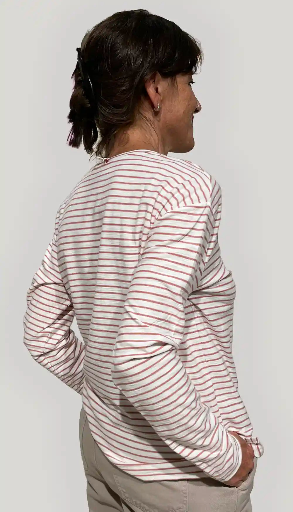 Maglietta Cotone Biologico GOTS maniche lunghe a righe rosa antico