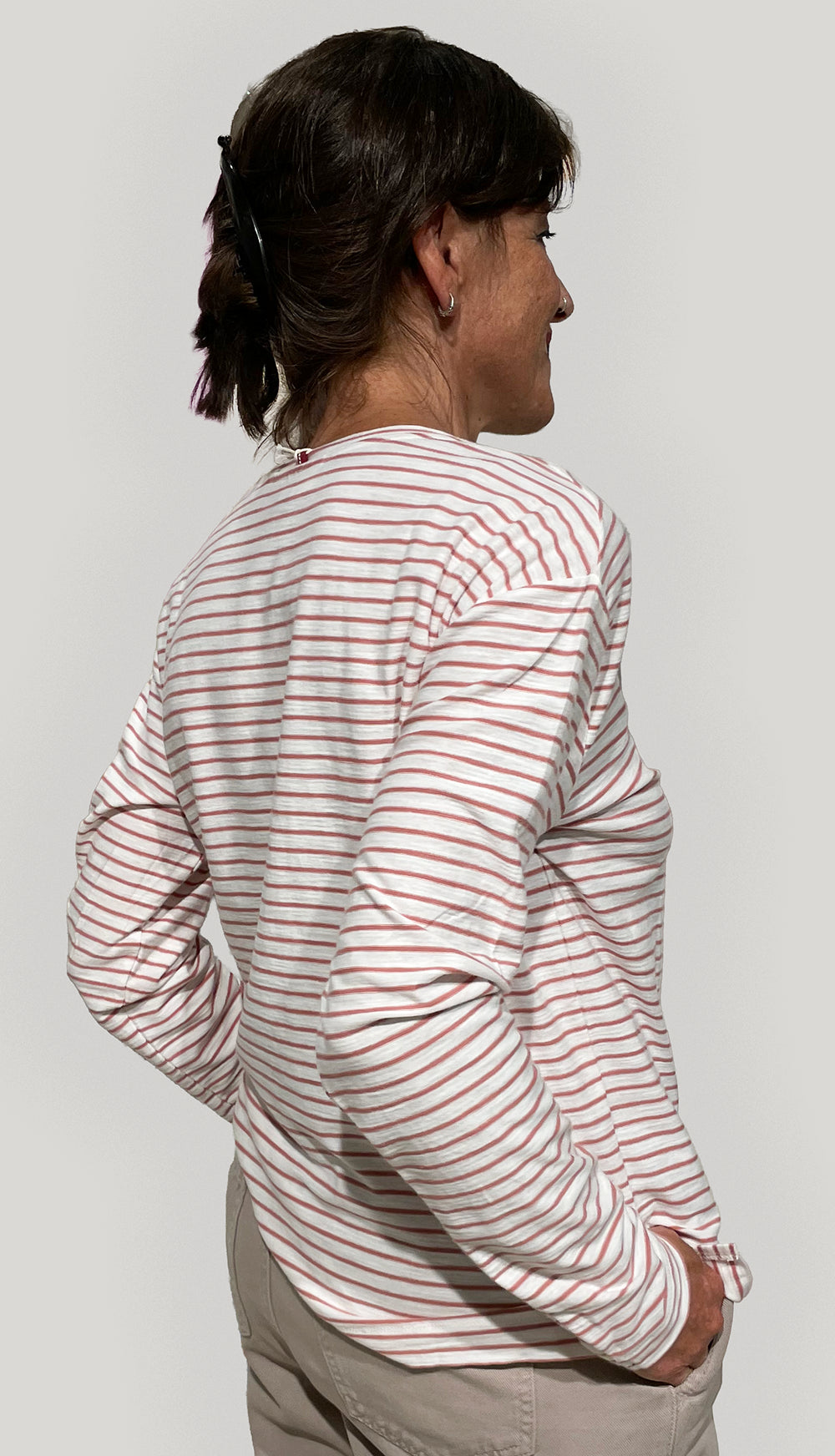 Maglietta Cotone Biologico GOTS maniche lunghe a righe rosa antico