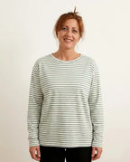 Maglietta donna cotone biologico maniche lunghe righe verde salvia spacchetti