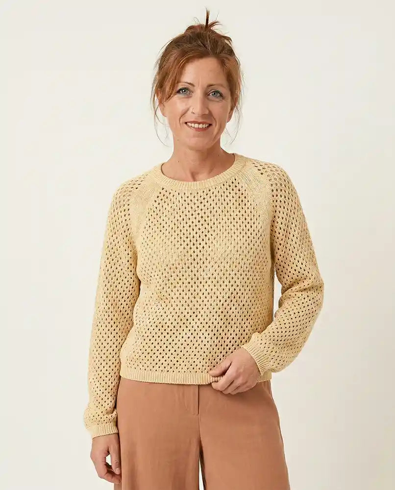 Maglioncino donna cotone biologico traforato giallo paglierino comodo
