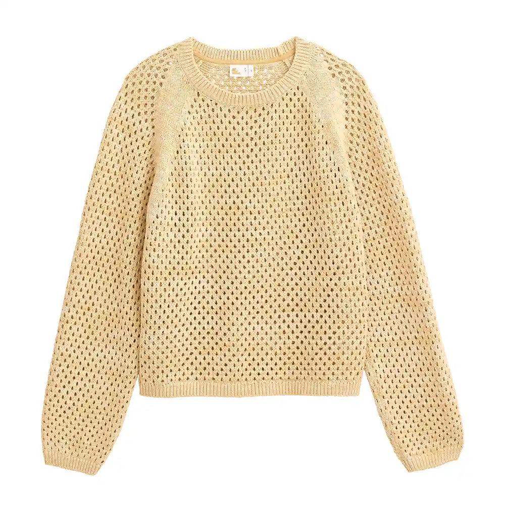 Maglioncino traforato cotone bio giallo paglierino donna vista frontale