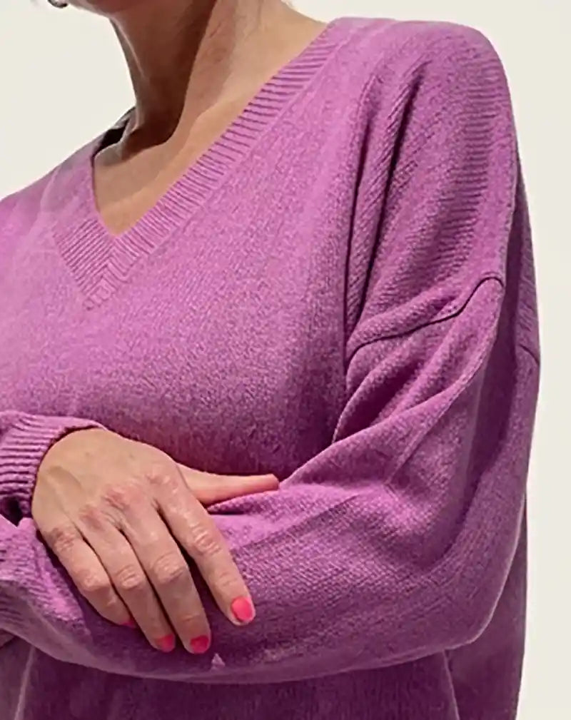 Maglione Oversize Scollo a V in Cashmere Rigenerato - Malva