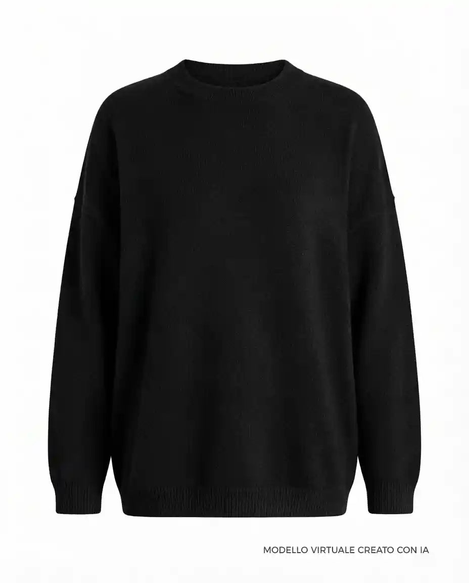 Maglione Oversize Girocollo in Cashmere Rigenerato - Nero