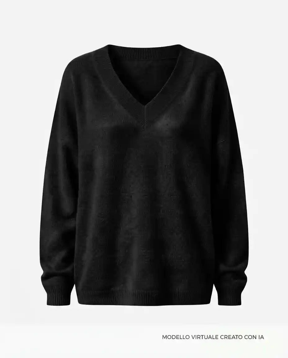 Maglione Oversize Scollo a V in Cashmere Rigenerato - Nero
