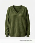 Maglione cashmere rigenerato verde militare scollo a V oversize
