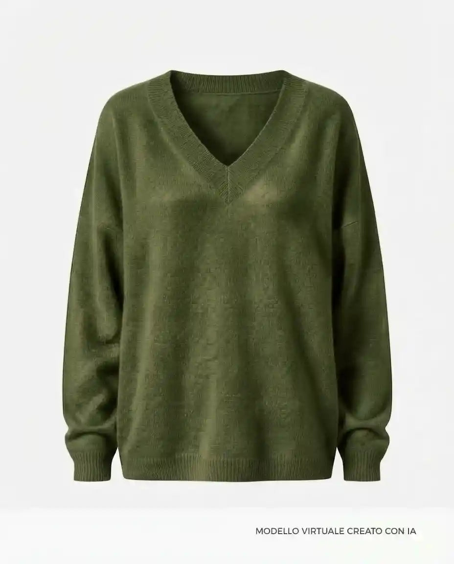 Maglione cashmere rigenerato verde militare scollo a V oversize
