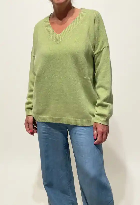 Maglione Oversize Scollo a V in Cashmere Rigenerato - Verde Acido