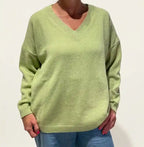 Maglione Oversize Scollo a V in Cashmere Rigenerato - Verde Acido