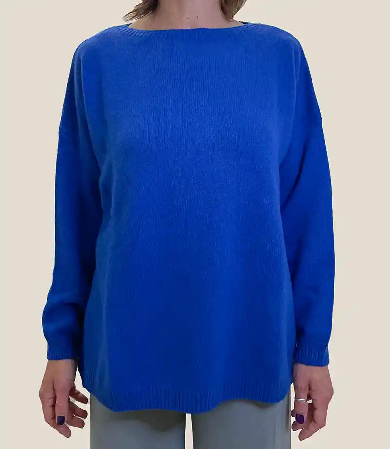 Maglione Donna Oversize con Scollo a Barchetta in 100% Cashmere Blu elettrico