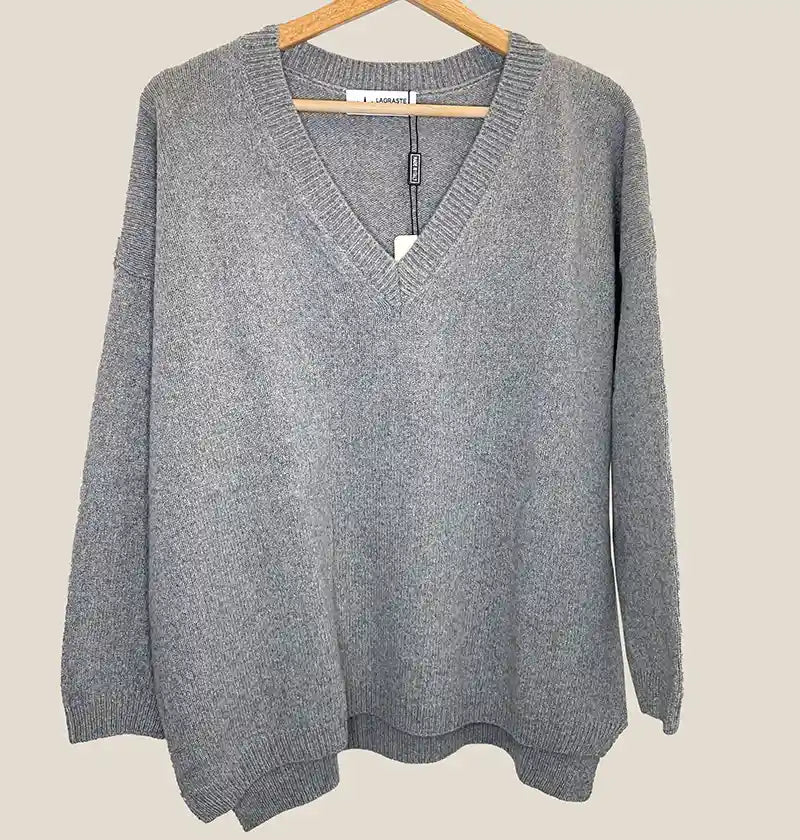 Maglione in Cashmere Oversize Donna Scollo a V Grigio Perla