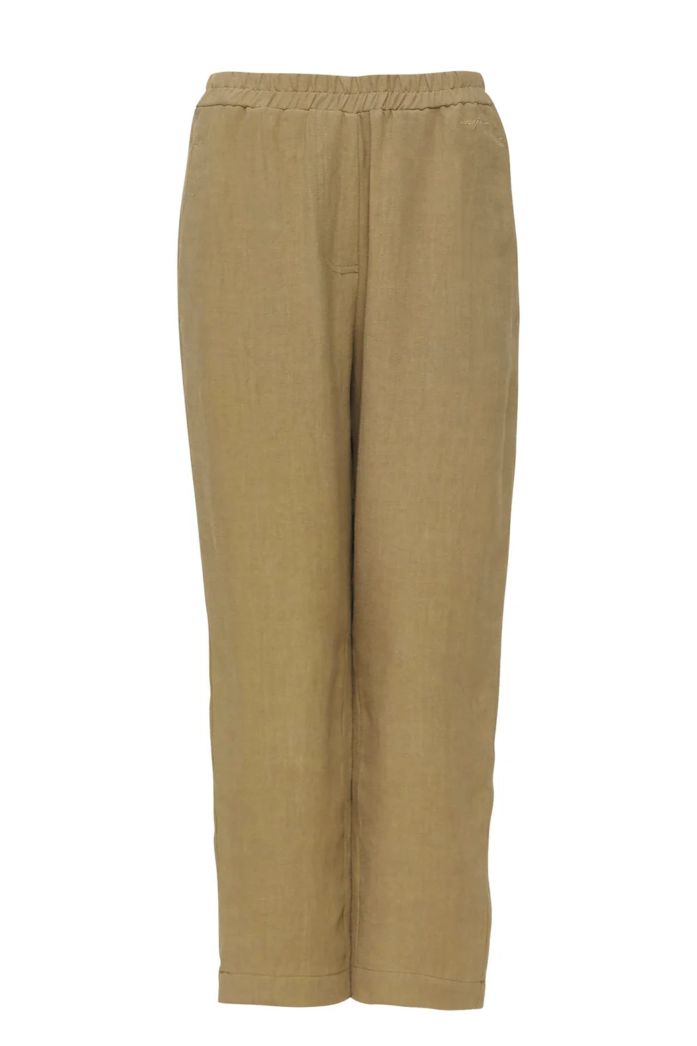 Pantalone lino senape donna elastico vita tasche gamba dritta frontale