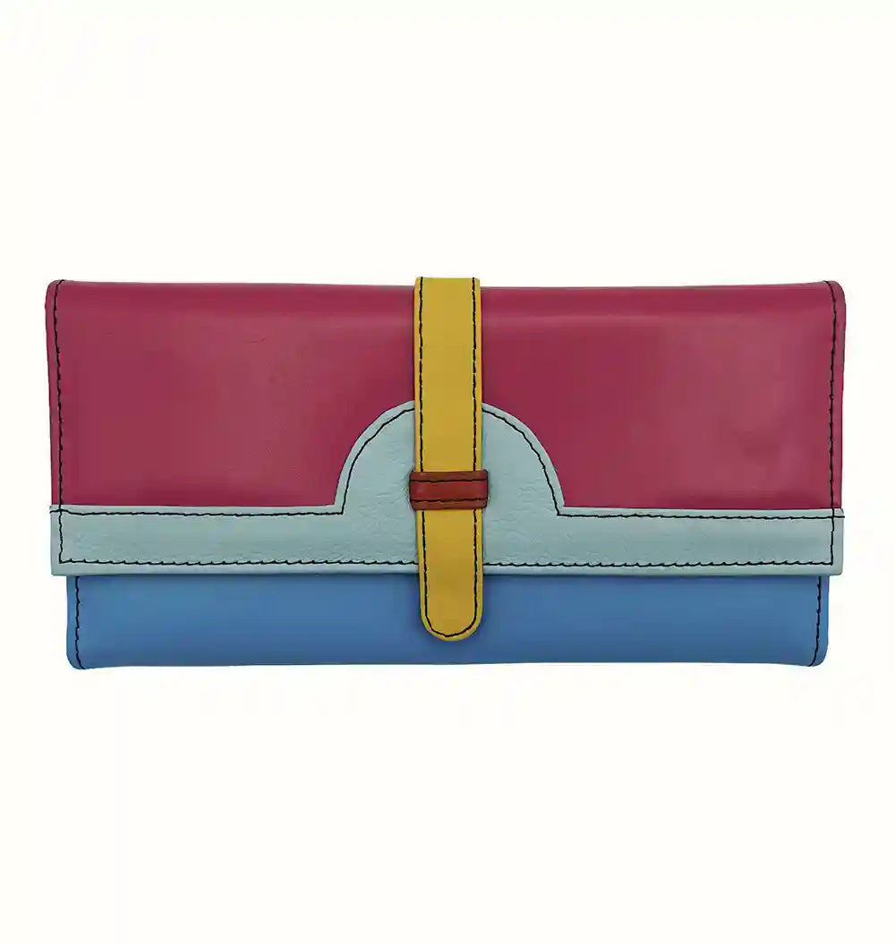 portafoglio donna in pelle liscia riciclata fucsia e azzurro