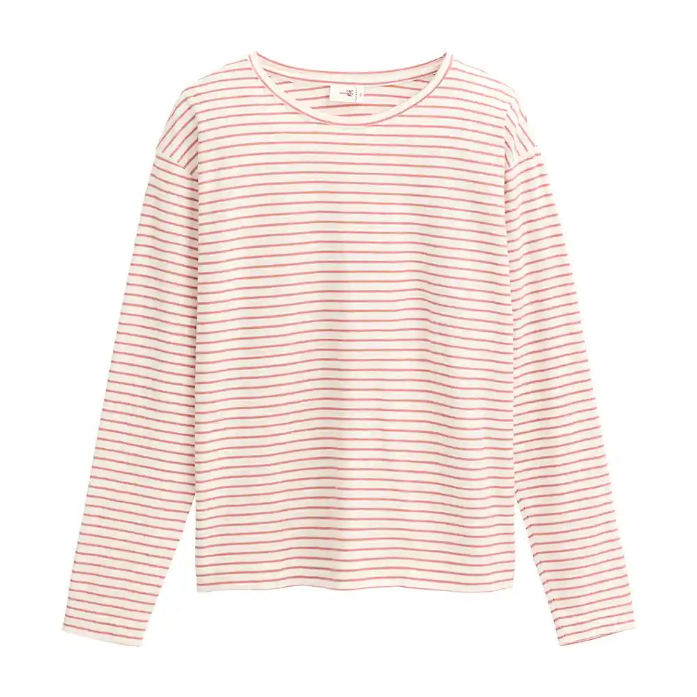 T-shirt ecosostenibile cotone bio maniche lunghe righe rosa antico frontale