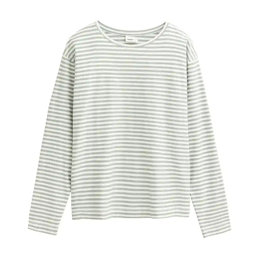 T-shirt ecosostenibile cotone bio maniche lunghe righe verde salvia frontale