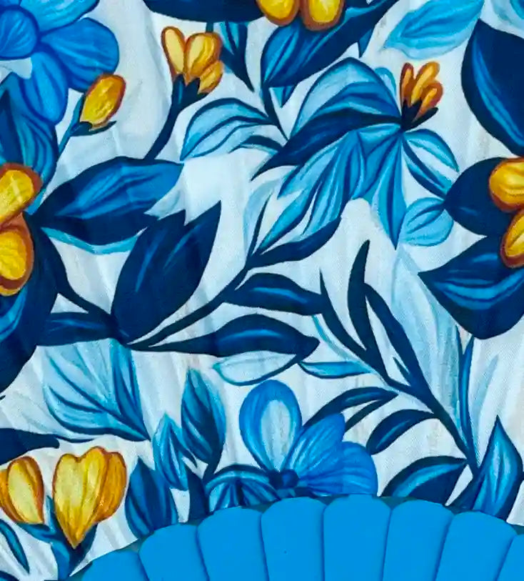 Ventaglio in Seta floreale Blu e Giallo