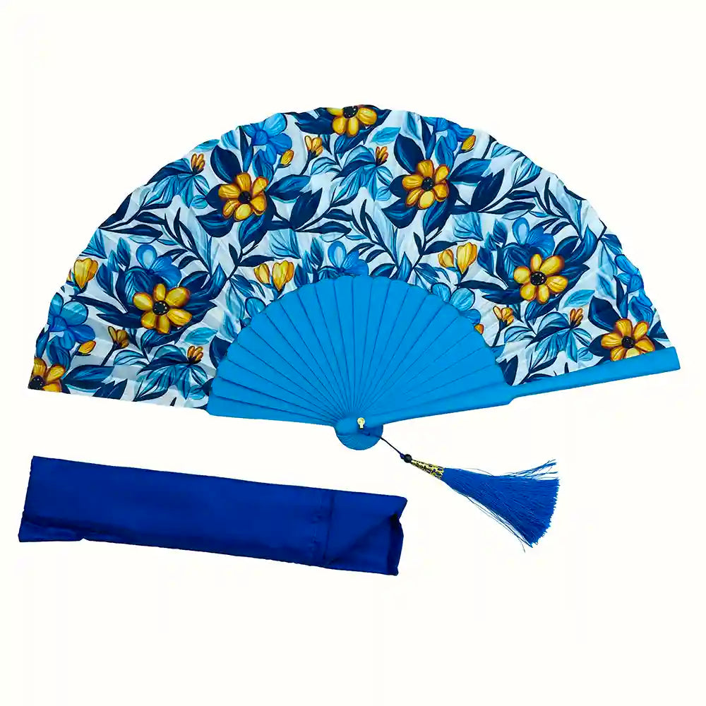 Ventaglio donna seta fantasia floreale blu giallo