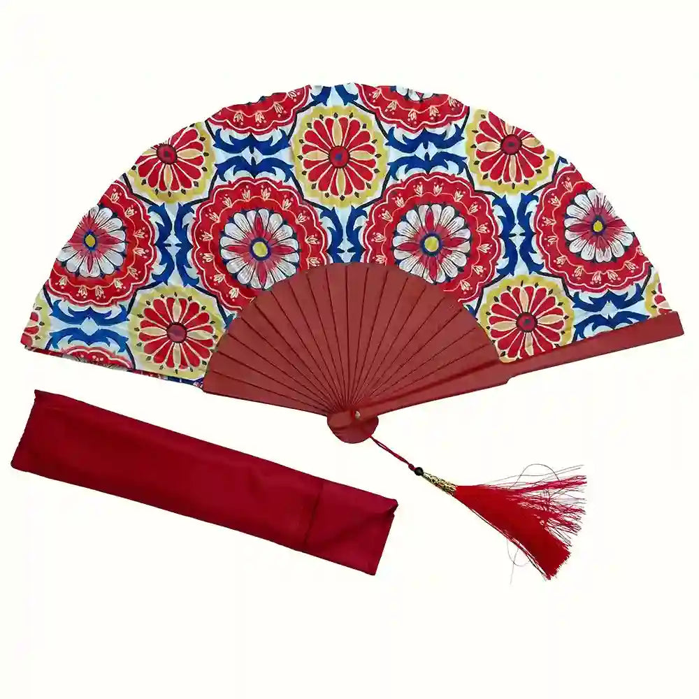 Ventaglio donna seta fantasia maiolica rosso blu