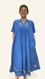 Vestito lungo in cotone indiano ricamato Blu Cobalto